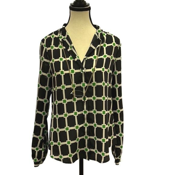Michael Kors Tops - NWT Michael Kors Navy and Green Geometric Blouse with Gold Chain Accent - Size M